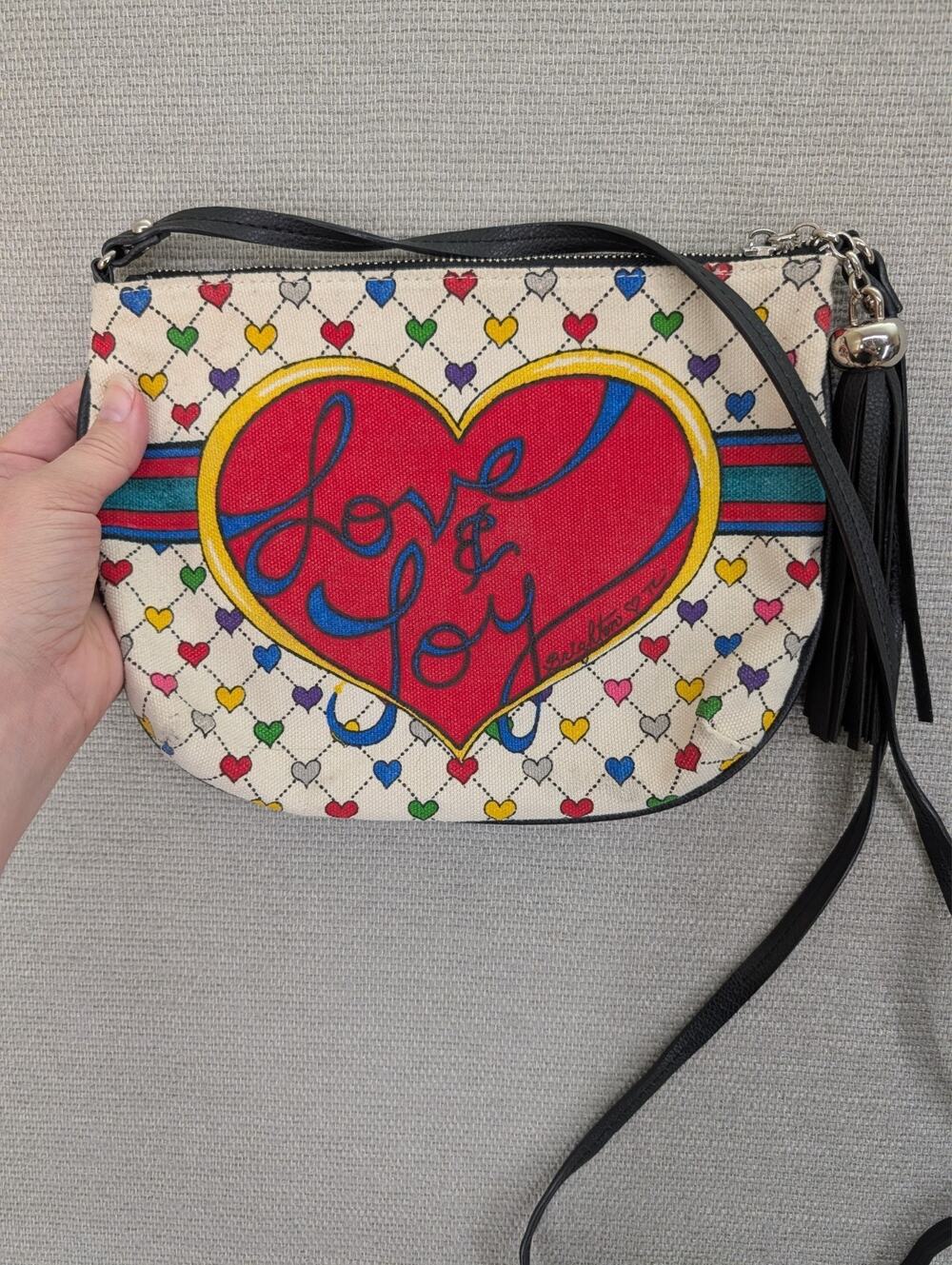 Brighton Love & Joy Canvas Crossbody Pouch Purse Heart Love Hippie Boho Art